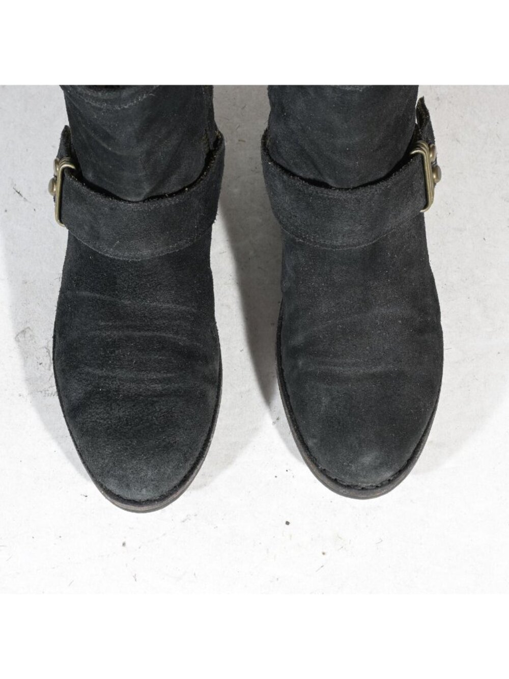 Black Suede Ankle Boots Almond Toe Buckle Strap Inside Zip Moto Made in Italy Wo - Picture 5 of 8